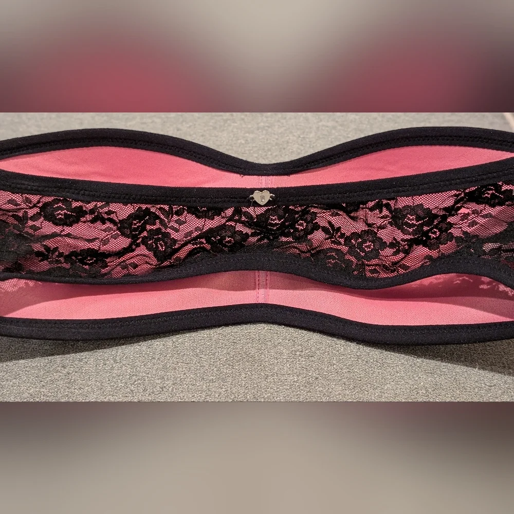 VICTORIA'S SECRET "PINK" BLACK LACE STRAPLESS PADDED BANDEAU BRA SMALL S/P - Picture 2 of 5